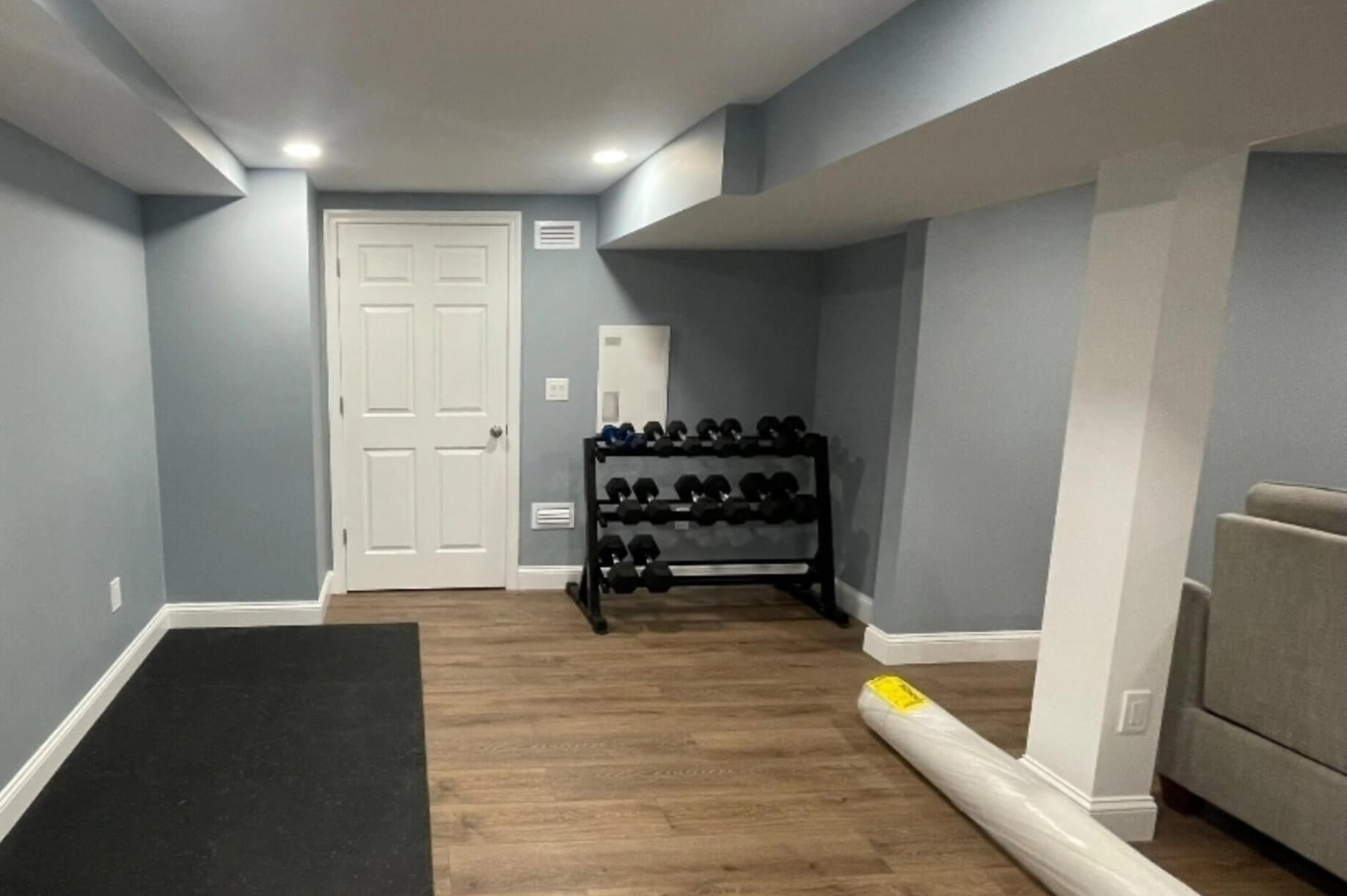 Finished basement with built in lighting – bathroom remodeling Sudbury MA
